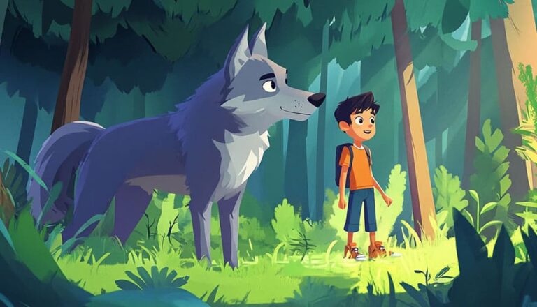 Animated boy and large wolf standing together in a sunlit forest clearing.