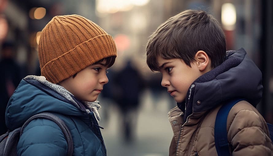 Two boys in winter jackets and backpacks stand face to face on a city street.