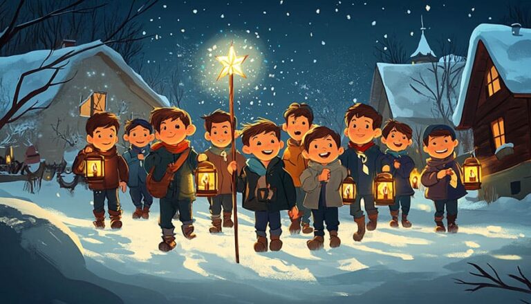 A group of children carrying lanterns walk through a snowy village at night.