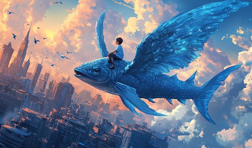 A boy rides a large blue flying fish above a city skyline with clouds and birds.