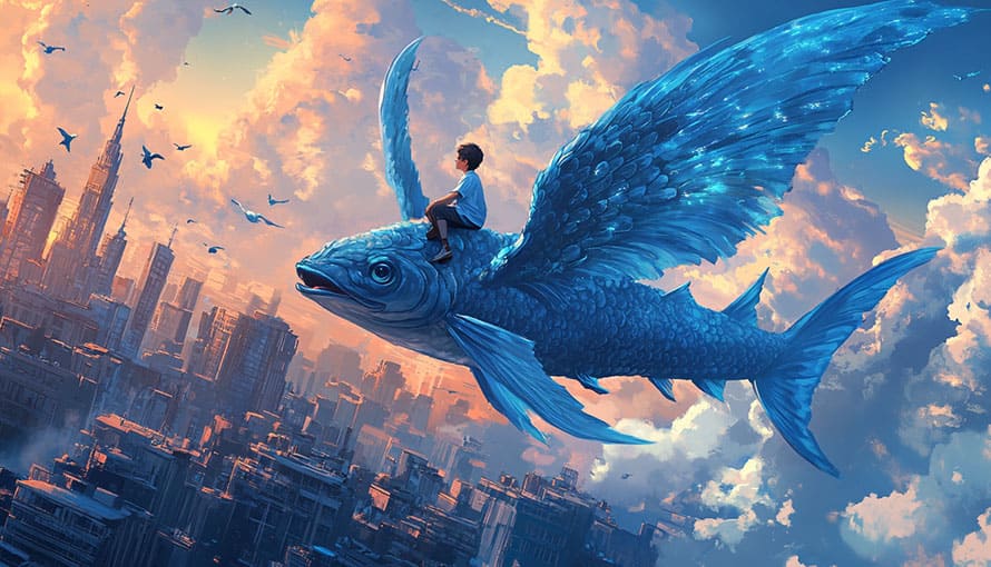 A boy rides a large blue flying fish above a city skyline with clouds and birds.