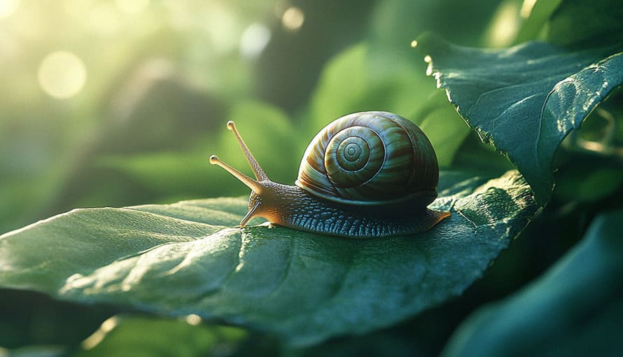 A snail with a spiral shell crawling on a green leaf in sunlight.