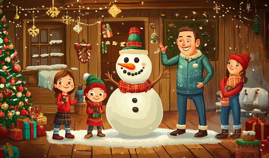 A family stands outside a house next to a snowman, Christmas tree, and presents.