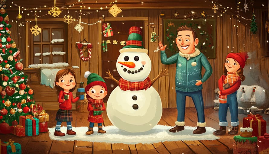 A family stands outside a house next to a snowman, Christmas tree, and presents.