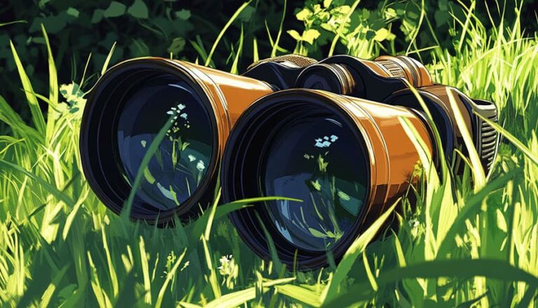 Binoculars lying in tall green grass with sunlight reflecting on the lenses.