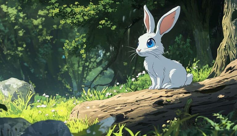 A white cartoon rabbit with blue eyes sits on a log in a sunlit forest clearing.