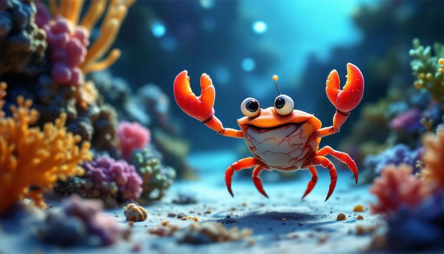 A cartoon crab with raised claws sits on the ocean floor among colorful coral and plants.