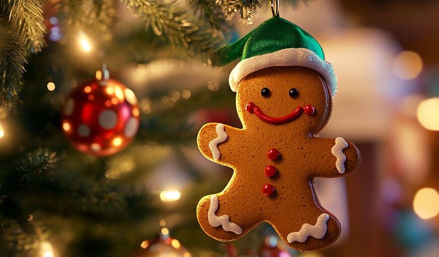 Gingerbread man ornament with green hat on a decorated Christmas tree.
