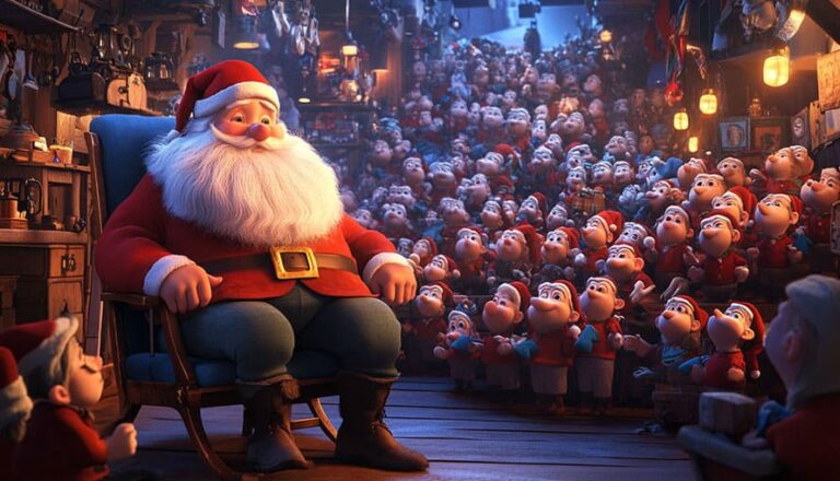 Santa Claus sits in a rocking chair surrounded by a large group of attentive elves indoors.