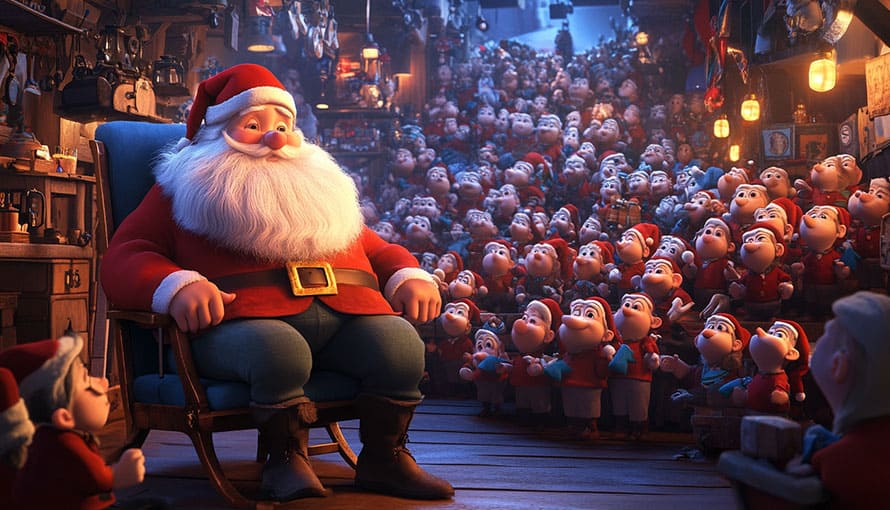 Santa Claus sits in a rocking chair surrounded by a large group of attentive elves indoors.