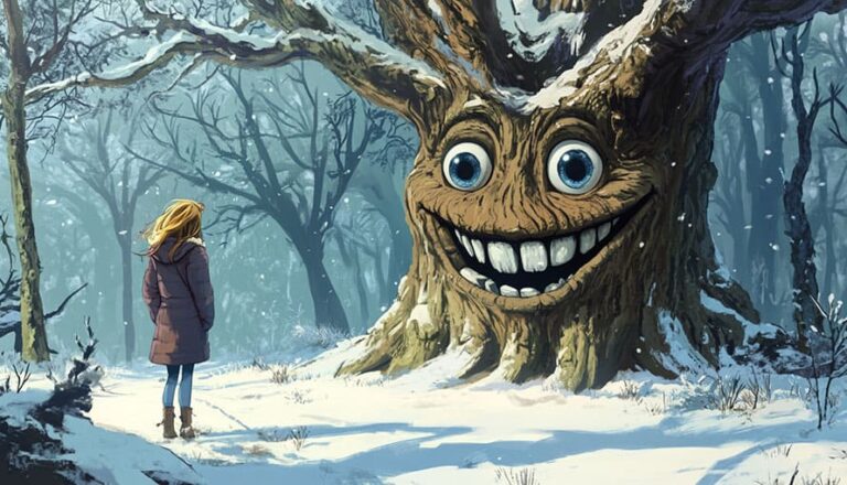 A girl in a snowy forest faces a large tree with a wide, smiling face and big eyes.