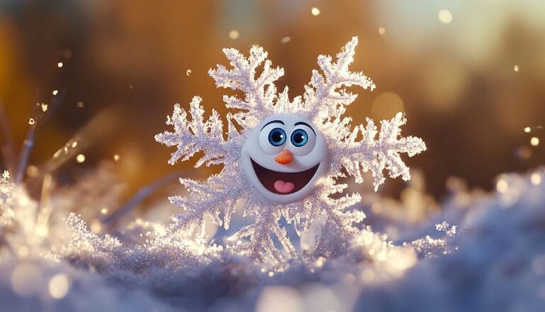 Animated snowflake with a smiling face, large eyes, and a carrot-shaped nose on snowy ground.