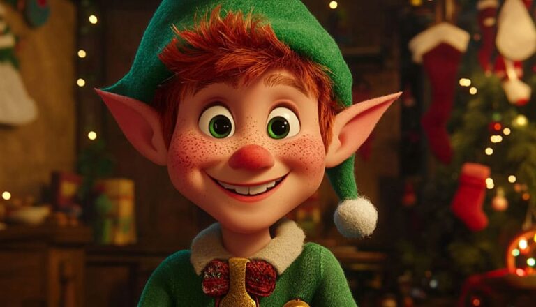 Animated elf with red hair and green hat smiling in a festive, decorated room.