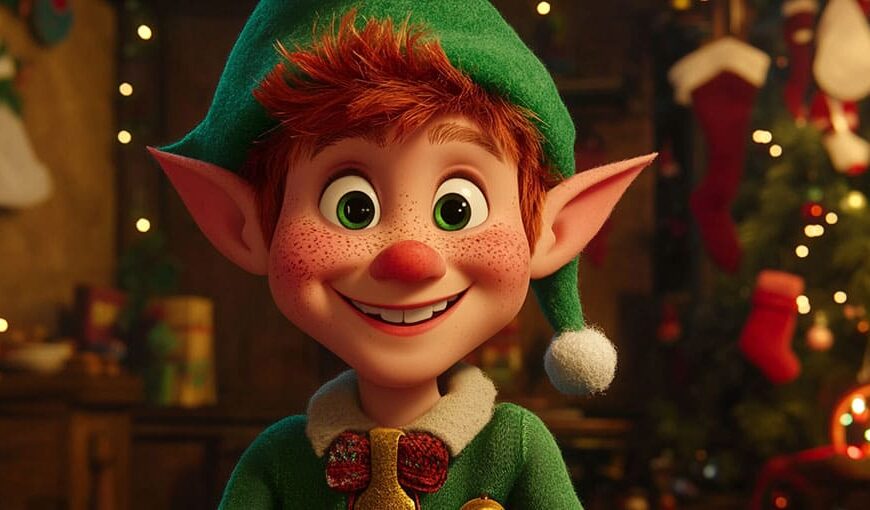 Animated elf with red hair and green hat smiling in a festive, decorated room.