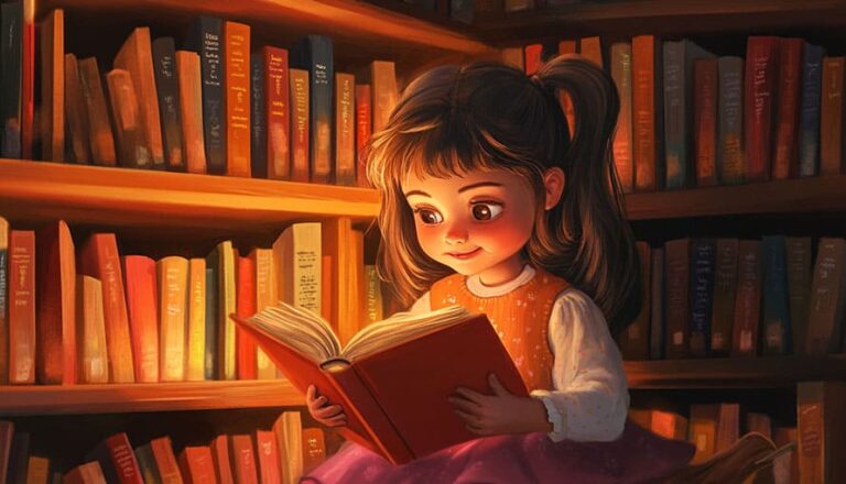 A young girl reads a book while sitting in front of shelves filled with books.
