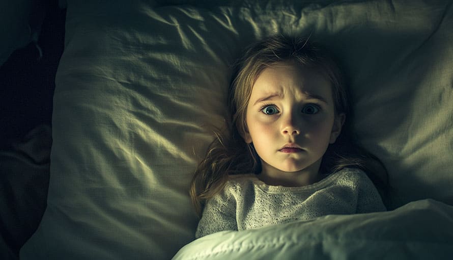 A young girl lies in bed looking up with a worried expression in dim lighting.
