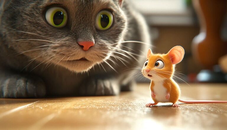 A wide-eyed cat stares closely at a small, alert mouse on a wooden floor.