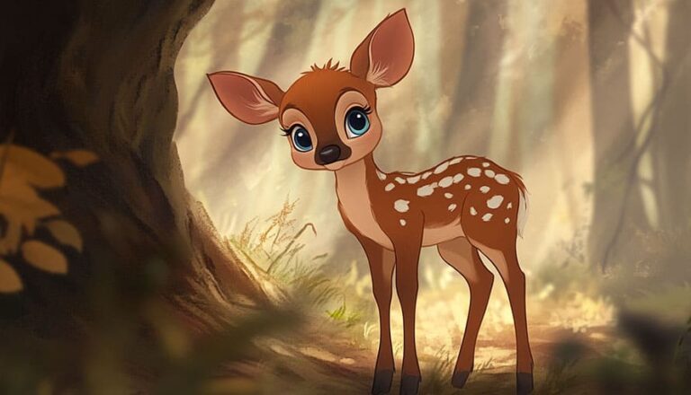 Animated fawn with large eyes stands in a sunlit forest clearing.