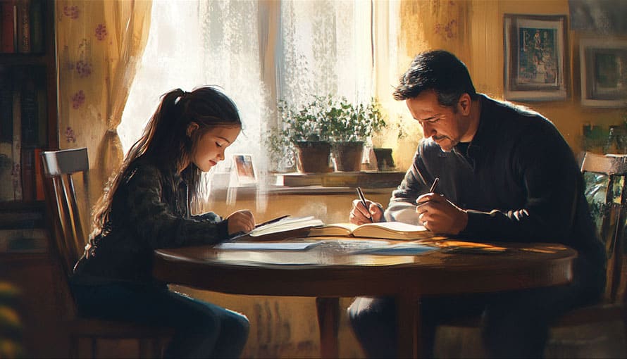 A man and a young girl sit at a table, writing in notebooks near a sunlit window.