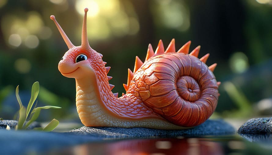 A cartoon orange snail with spiky shell sits on a rock near water in a forest setting.