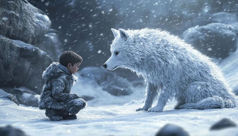 A boy in winter clothing faces a large white wolf in a snowy landscape.