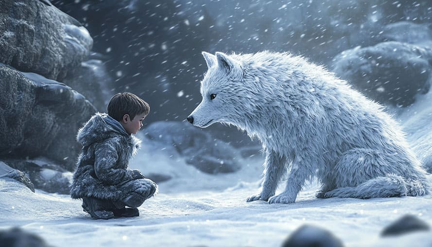A boy in winter clothing faces a large white wolf in a snowy landscape.