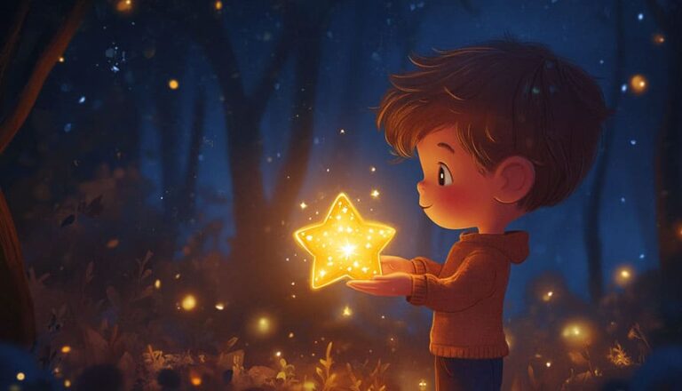 A young boy holds a glowing star in his hands in a dark, wooded area at night.