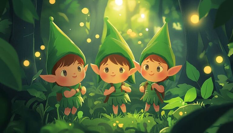 Three cartoon elves with green hats stand in a glowing forest surrounded by fireflies.