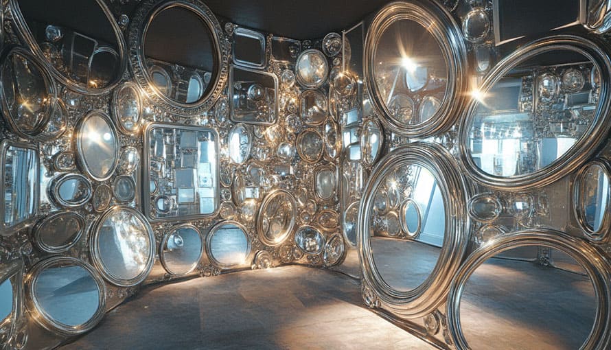 Room with walls covered in variously sized round and oval mirrors reflecting light.