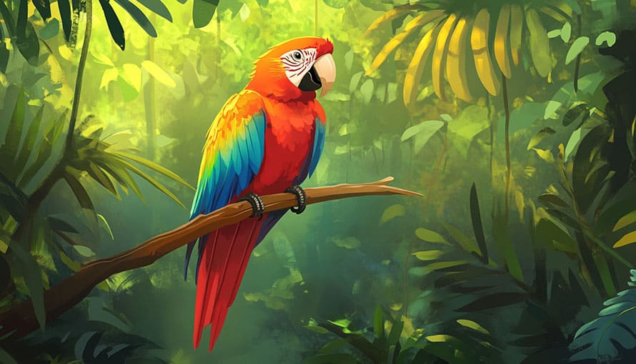A colorful parrot with red, blue, and yellow feathers perched on a branch in a jungle.
