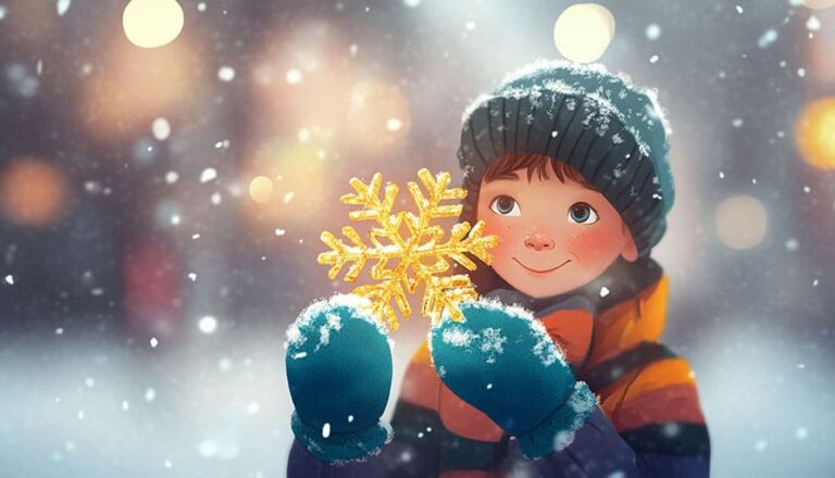 A child in winter clothes holds a snowflake ornament outside while it is snowing.