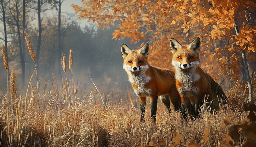 Two red foxes stand in tall autumn grass with orange foliage in the background.