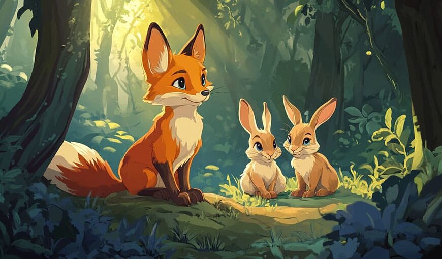Animated fox sits beside two rabbits in a sunlit forest clearing.
