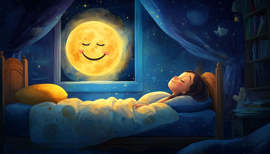 Child sleeps in bed at night while a smiling moon shines through the bedroom window.