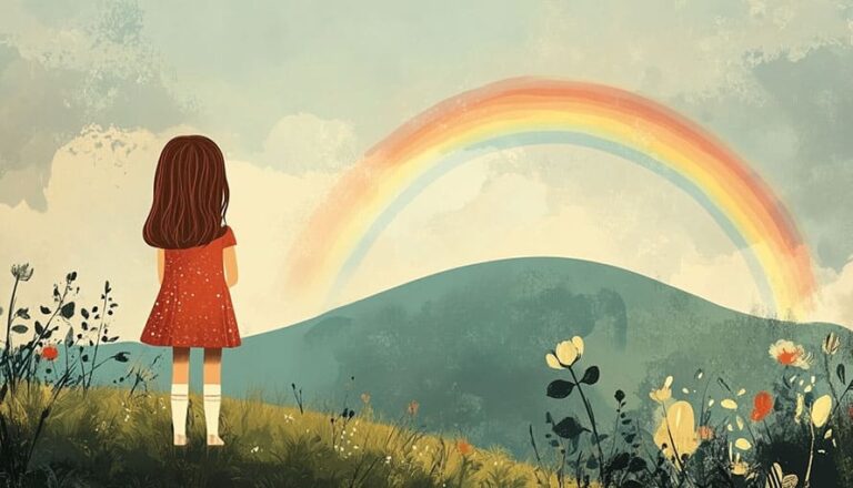 A girl in a red dress stands on grass, looking at a rainbow over green hills.