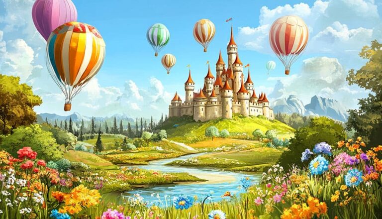 Colorful hot air balloons float near a castle in a bright, flower-filled landscape.