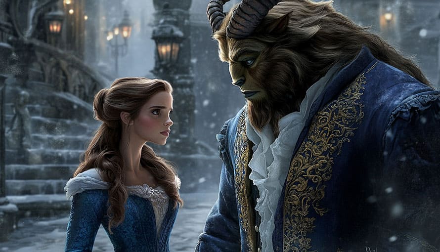 The beauty and the beast in ornate clothing on a snowy, stone terrace.
