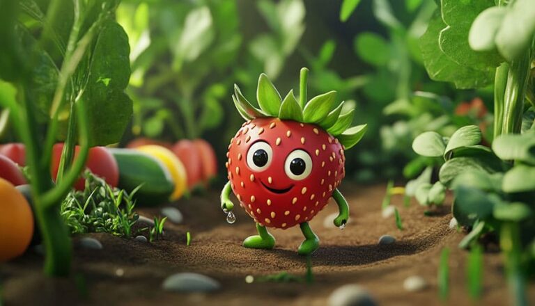 A cartoon strawberry with arms and legs stands smiling in a garden among green plants.