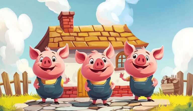 Three cartoon pigs in overalls stand in front of a house with a yellow roof and chimney.