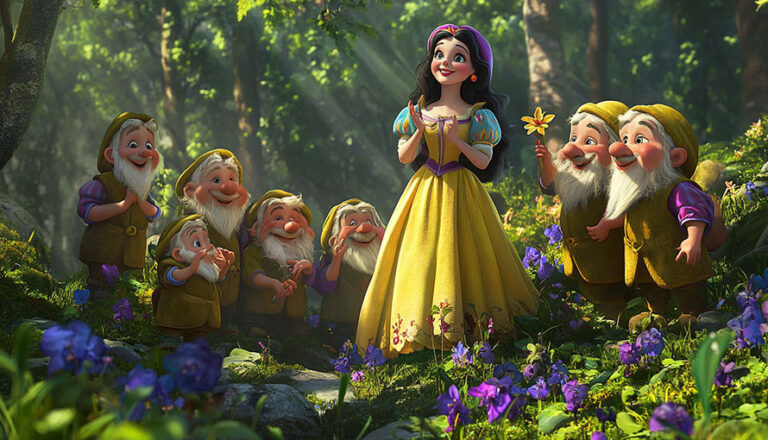 A woman in a yellow dress stands smiling, surrounded by seven dwarfs in a forest clearing.