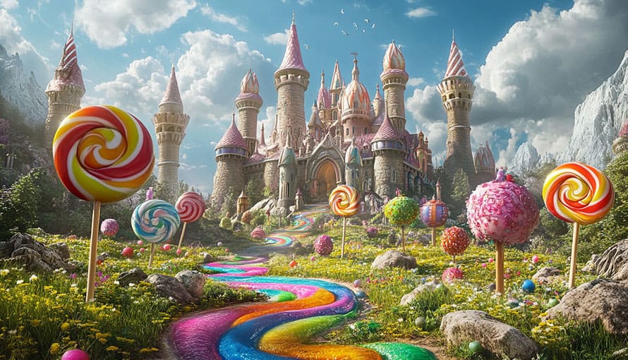A colorful candy-themed castle with lollipops and a rainbow path in a fantasy landscape.