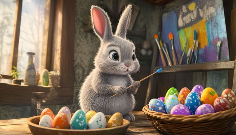 A gray rabbit holding a paintbrush sits by baskets of colorful painted Easter eggs.