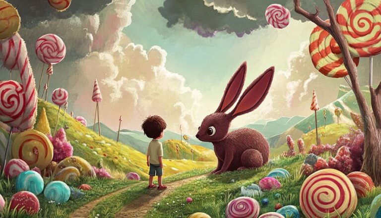 A child faces a giant rabbit in a candy-filled, colorful fantasy landscape.