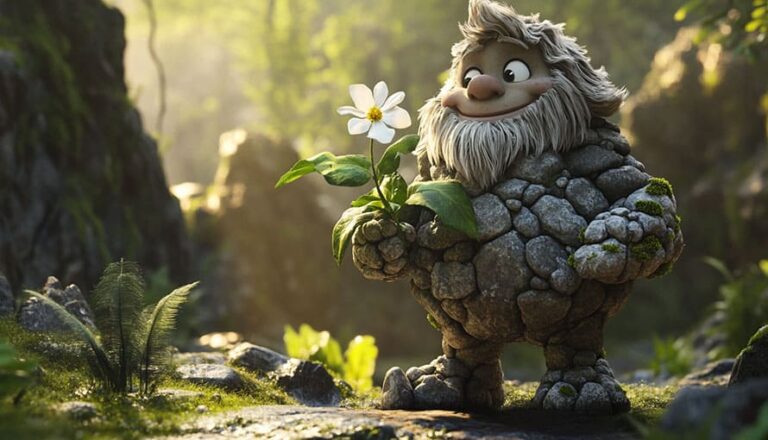A smiling rock creature holds a white flower in a lush, sunlit forest.
