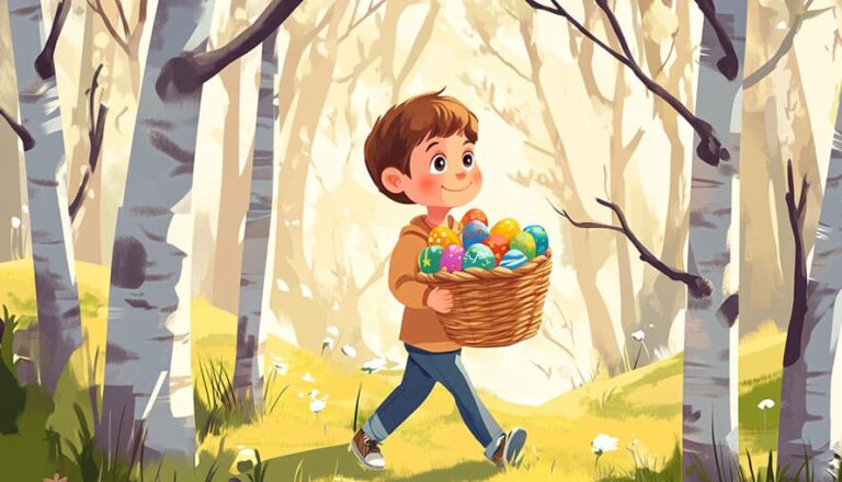A boy walks through a forest carrying a basket filled with colorful Easter eggs.