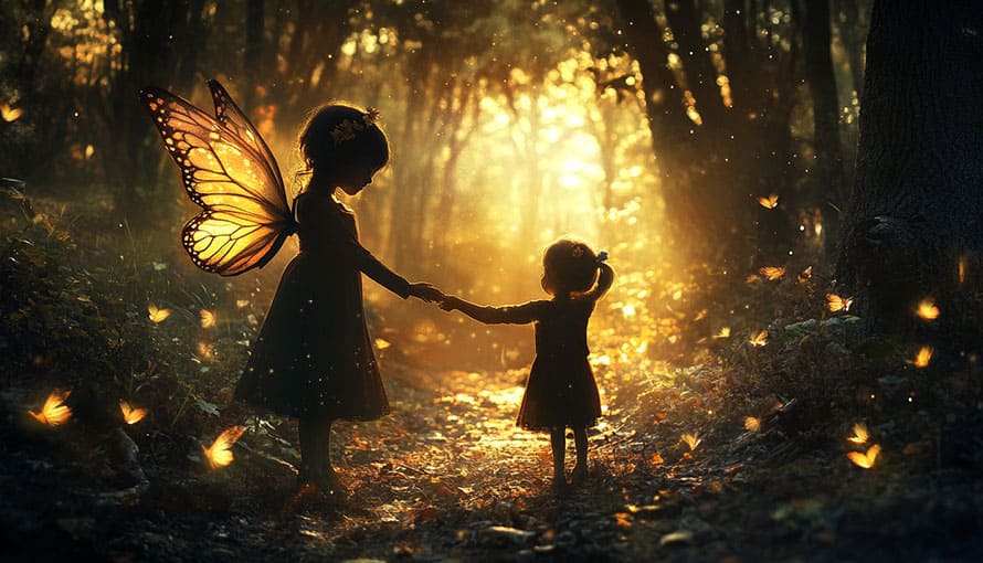 Two girls, one with butterfly wings, hold hands on a sunlit forest path with glowing butterflies.