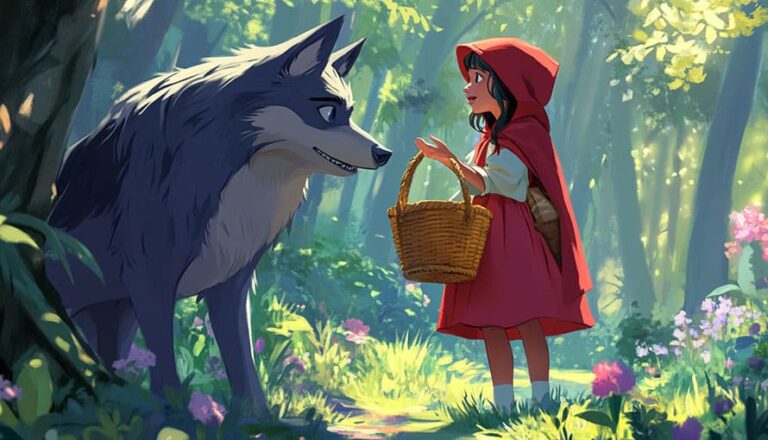 A little red riding hood and a wolf face each other in a sunlit forest with flowers.
