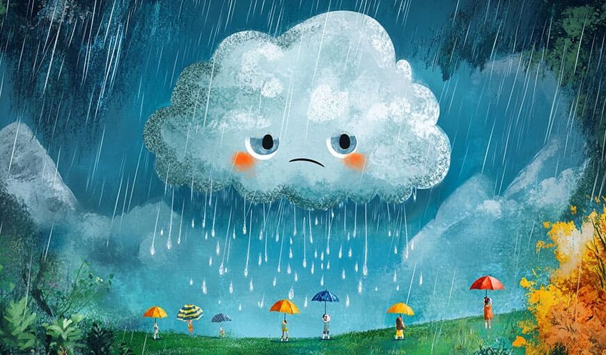 Large sad cloud raining on people holding colorful umbrellas in a grassy landscape.