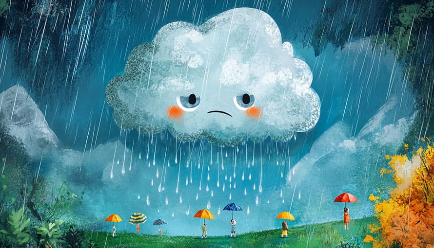 Large sad cloud raining on people holding colorful umbrellas in a grassy landscape.