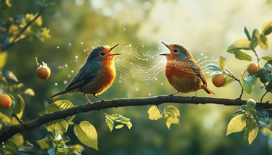 Two birds on a branch appear to be communicating with glowing lines between their beaks.